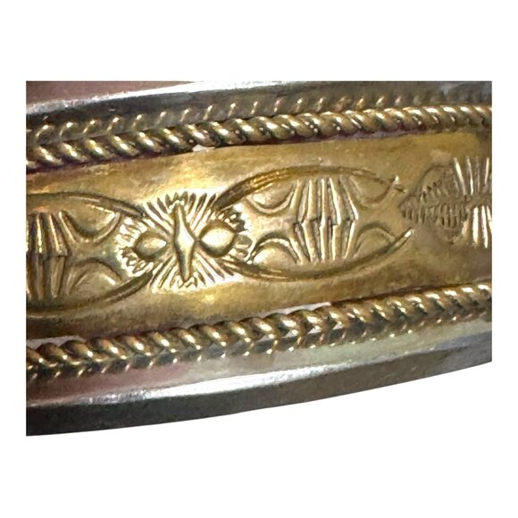 Vintage Two Tone Sterling Silver & Gold Tone Etched Southwest Cuff Bracelet - Picture 11 of 11